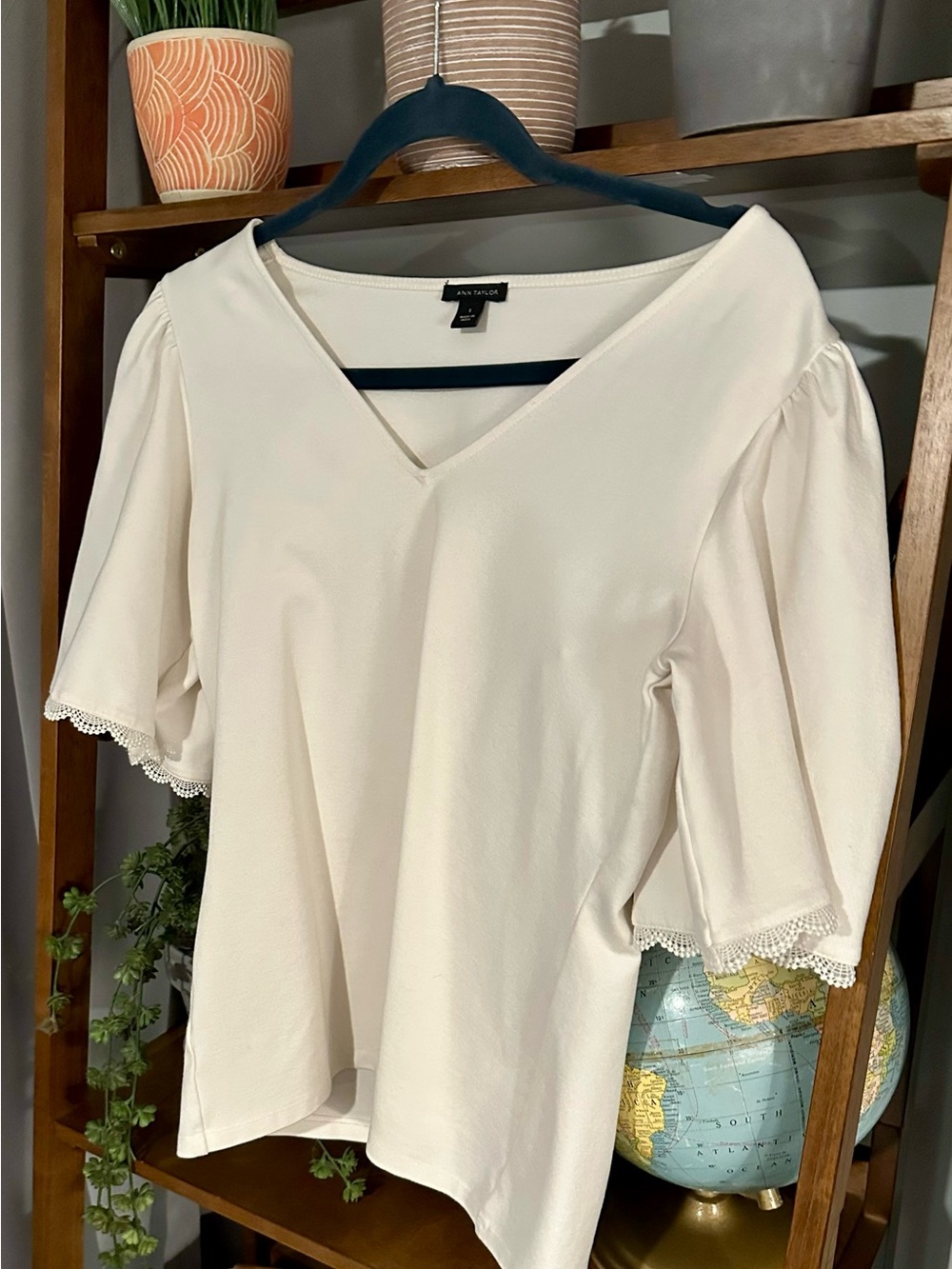Ann Taylor Cream V-Neck Puff Sleeve Top with Lace Trim